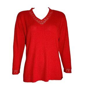 SAG HARBOR Solid All Red 3/4 Sleeve Pullover Crochet Detail Top Womens Size XL